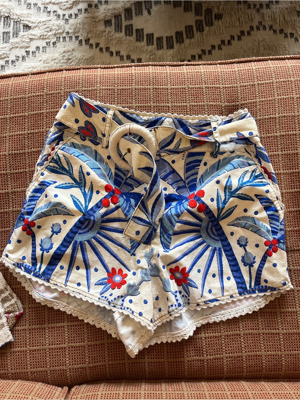 FARM Rio Blue & Red Jungle Floral High-Waist Shorts with Belt